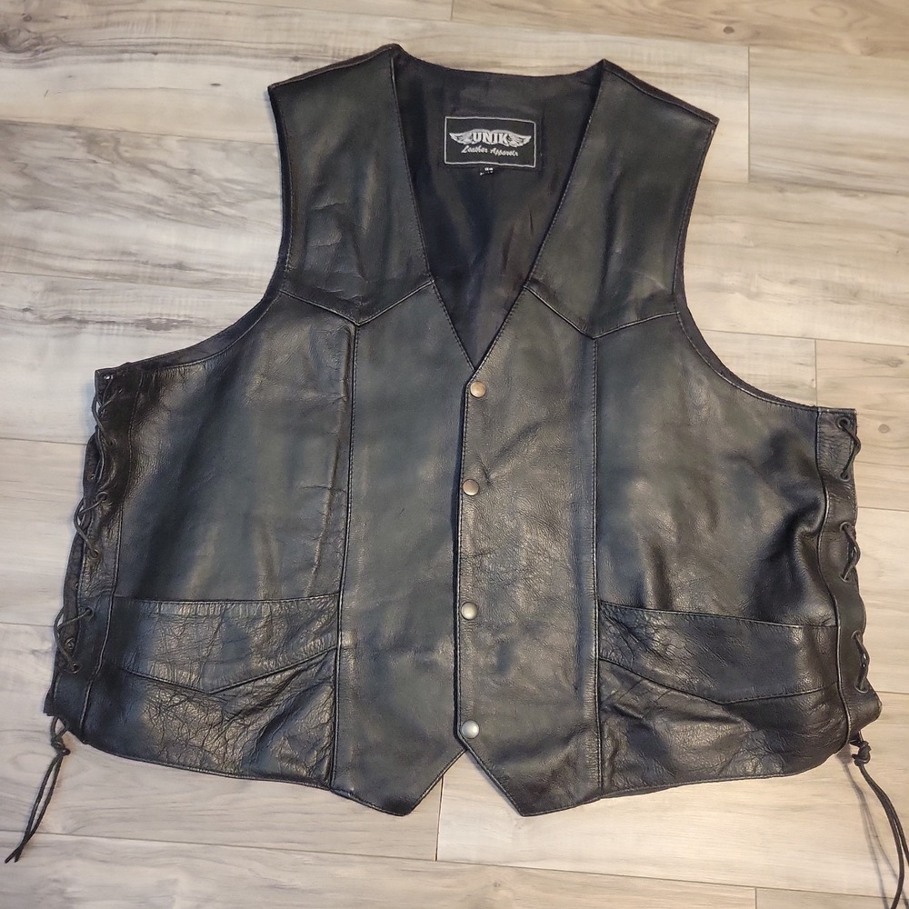 Vintage UNIK Leather Apparel Motorcycle Vest Mens Black 56 (Actual 52) Biker